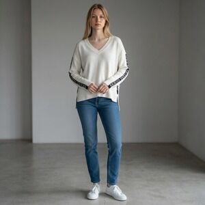 Logo Tape Sweater XL Warm White NEW V-Neck High-Low Logomania Sporty Chic